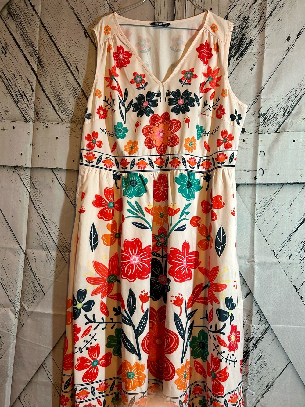 BloomChic Cream Maxi Dress with Red, Teal, Orange & Black Floral Print